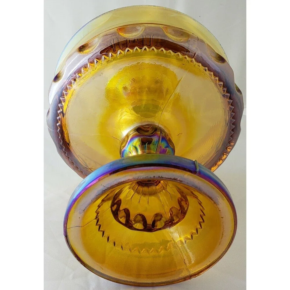 Vintage Amber Carnival Glass King Crown Iridescent Thumbprint Compote Candy Dish